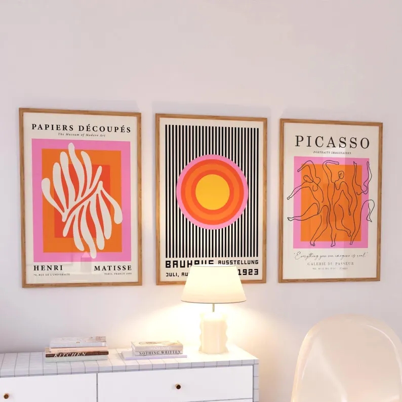 Interior Design Room - 3 個モダンオレンジバウハウスとピカソの壁アートプリントキャンバス絵画ポスター画像リビングルーム、寝室の家の装飾用