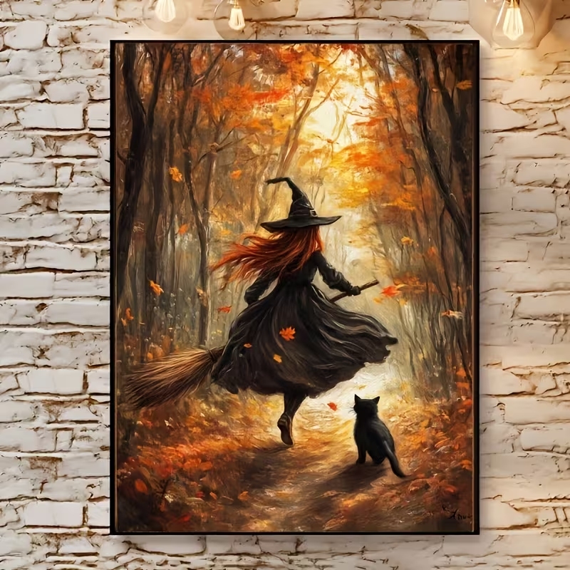 Interior Design Room - レトロなハロウィン秋の魔女がほうきに乗る壁アートプリントキャンバス絵画ポスター、リビングルーム、寝室の家の装飾に。