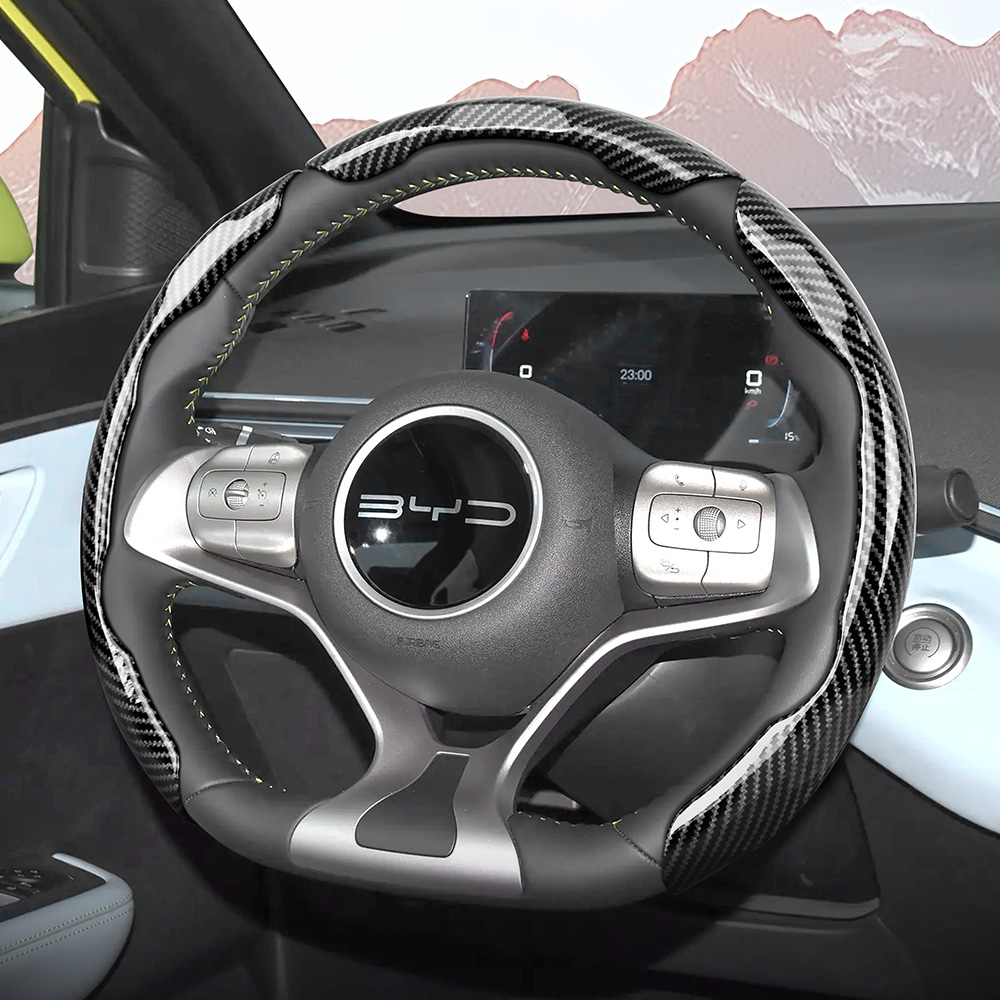 Interior Design Style Quiz - Byd Sporty 光沢カーボンファイバーテクスチャステアリングホイールカバー、スナップオンデザイン、Atto 3、2、Dolphin、Seal、Sealion、Han、Song、Qin Plus、Tang、Yuan-Style、Seagull、Shark、E-Max、E6車用インテリアアクセサリー保護シェルに適しています。
