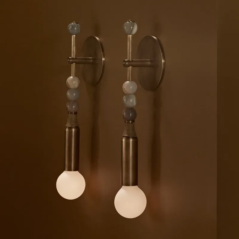 Interior Design Room - 北欧ヴィンテージ風インテリア装飾デザイン、リビングルーム、寝室、ホテルのベッドサイドライト、真鍮製ストーンガラスシェードウォールランプ